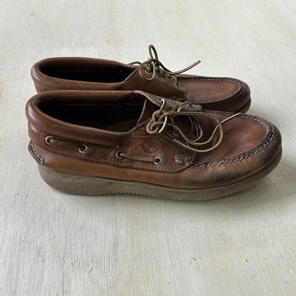 Timberland Shoes Mens Size 8 Brown Leather Lace Up Boat Vibram Sole Casual